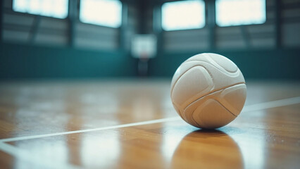 Naklejka premium Close-up of a white basketball on a polished indoor court.