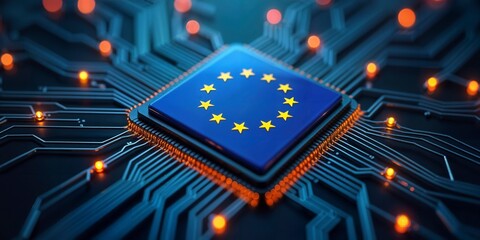 A European-made computer chip with the EU flag, ensuring independence from non-EU microprocessor production - ai generated