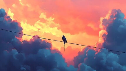 A bird perched alone on a wire against a dramatic sky