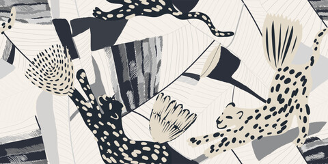 Modern abstract botanical print with leopards. Black and white bohemian style contemporary seamless pattern. Hand drawn unique print.
