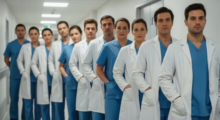 Fototapeta premium Medical team standing in hospital hallway looking forward
