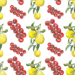 Lemon and tomato pattern Food hand-drawn seamless pattern with original hand-painted illustrations Great for textile and fabric design, scrapbooking, digital printable papers Png file