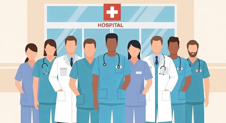 Hospital staff standing in front of the hospital entrance