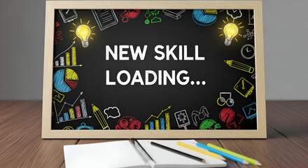 Chalkboard with 'new skill loading' skill development and doodles symbolizes learning and growth.