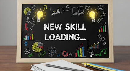 Chalkboard with 'new skill loading' skill development and doodles symbolizes learning and growth.
