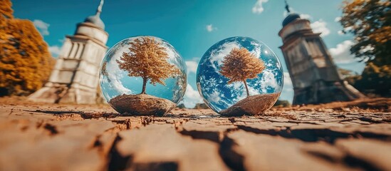 Tiny worlds within glass spheres, mirroring nature and architecture.  A miniature tree stands on a rocky base within clear orbs, reflecting a wider landscape with ancient structures