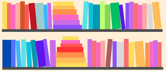 60 empty book spines in rainbow color, energetic read books tracker vector design with 2 bookshelfes © MonkaLemonka