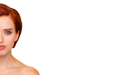 Close-up half-face portrait of nice lovely attractive charming candid girl pure smooth clear perfect skin copy empty blank space isolated over beige pastel background