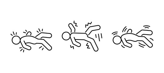 Epilepsy line icon set, epileptic seizure. Body in shaking, tremor. Mental disorder. Man lying with spasm, cramp. Vector linear illustration