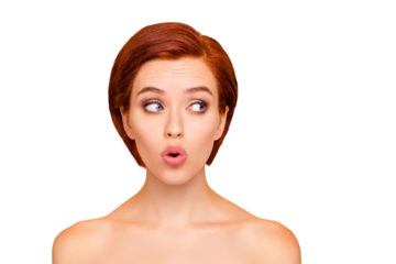 Close-up portrait of nice lovely attractive charming wondered girl pure smooth clear clear perfect shine flawless fresh skin isolated over beige pastel background