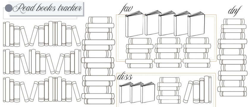 a4 printable book reading tracker vector design with stacks & bookshelfes; 60 up to 112 read books to be marked; book spines outline with fav, diss & dnf sections