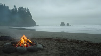 A campfire on a beach with no one around