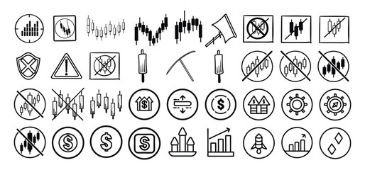 A collection of hand drawn financial investment and stock market trading icons and illustrations in black and white