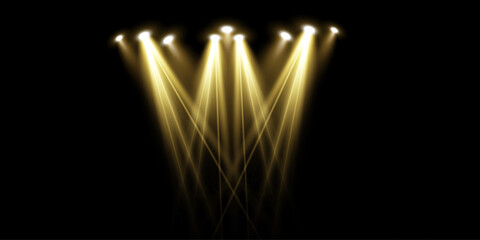 Vector scene lighting effects - set of concert gold spotlights with glowing beams, realistic light sources for event design, party posters, web banners and use of transparent backgrounds