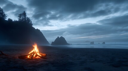 A campfire on a beach with no one around