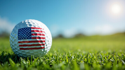 A pristine white golf ball with an American flag motif on a lush green lawn, perfect for 4th of July promotions and golf advertisements.