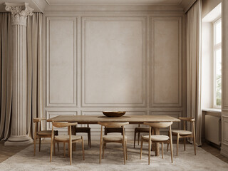 Classic beige interior with dining table, chairs, moldings, column, fur carpet and wood floor, 3d render illustration mockup.