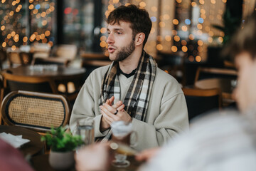A young man in a beige outfit sharing thoughts while sitting in a cozy, warmly- it cafe decorated with string lights, providing a festive ambiance.