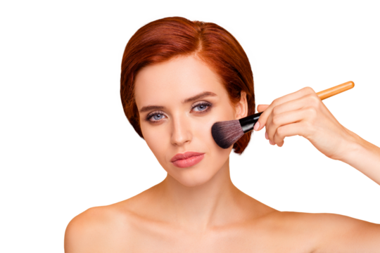 Close-up portrait of nice lovely sweet adorable attractive charming candid girl smooth clean clear perfect shine skin applying tone cream isolated over beige background