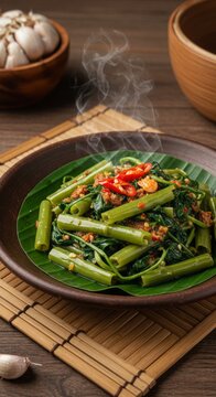 A vibrant, steaming plate of Indonesian stir-fried water spinach (sayur kangkung) with garlic, chili, and shrimp paste, served on a rustic wooden table with a woven bamboo placemat and traditional cla