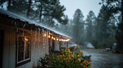 Fototapeta premium Heavy rain pouring off residential rooftop with forest in background — moody rural home scene during bad weather symbolizing vulnerability, maintenance costs and climate impact