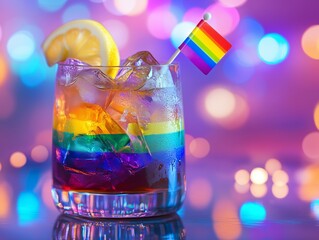 Obraz premium Vibrant LGBTQ Pride Celebration Cocktail with Rainbow Flag Garnish and Lemon Slice Against Bokeh Lights