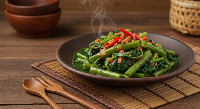 A vibrant, steaming plate of Indonesian stir-fried water spinach (sayur kangkung) with garlic, chili, and shrimp paste, served on a rustic wooden table with a woven bamboo placemat and traditional cla