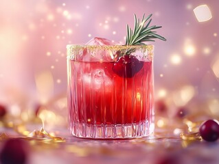 Festive Cranberry Cocktail with Rosemary Garnish and Sparkling Confetti Background