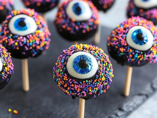 Spooky Halloween Eyeball Cake Pops Adorned with Colorful Sprinkles for a Fun and Festive Party Treat