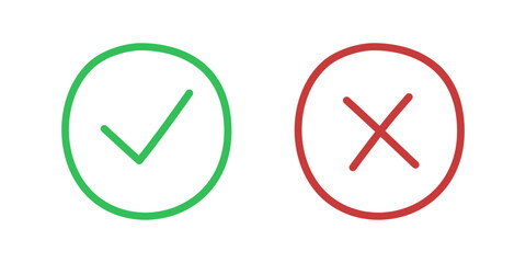 Doodle icon of check mark and cross. Hand drawing of green Ok sign and red X sign.Yes and No circle symbols for vote button