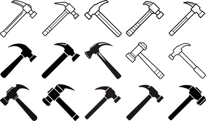 Assortment of hammers set  in various styles and shapes  repair, icon, vector, screwdriver, set, maintenance, vector, silhouette, illustration, horizontal, isolated assets, on transparent background