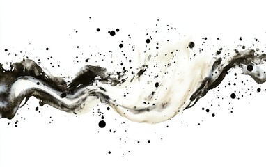 Abstract painting with flowing, organic shapes of black and beige, accented by scattered black dots on white background.  Fluid, dynamic lines create a sense of movement