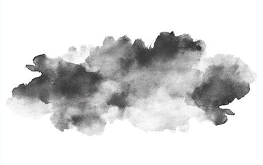 Abstract grayscale watercolor blot.  A textured cloud-like shape, blending from dark gray to light gray, on a white background.  A painted ink stain