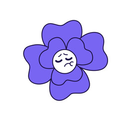 Sad blue flower in retro groovy style. Unhappy wildflower with depressed emotions on face. Funky bloom plant with upset facial expression. Flat isolated vector illustration on white background