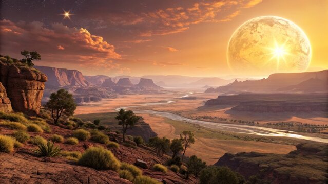 Stunning sunset over vast canyon landscape grand canyon digital art serene environment panoramic view natural beauty