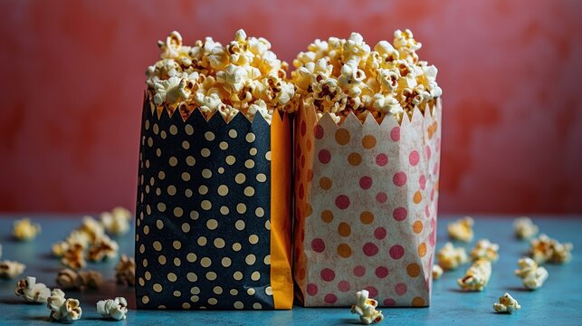 Freshly Popped Popcorn in Polka Dot Bags on a Colorful Table - Powered by Adobe