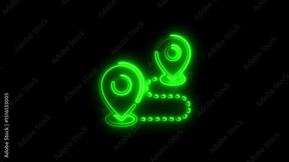 Poster animated green neon route map showing navigation and location pin markers