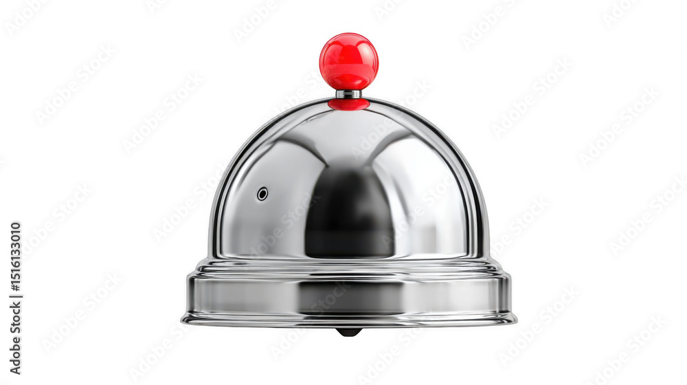 Poster shiny chrome notification bell with red alert symbol is isolated on a transparent background, perfec