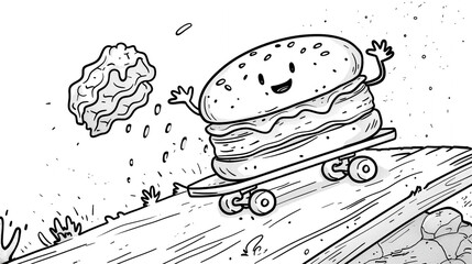 A silly sandwich skateboarding down a hill with lettuce flying. Black and white line art, simple and bold outlines, for a kids coloring book, isolated on white background.