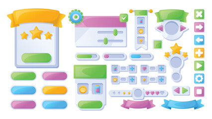 Fototapeta premium Game UI buttons. Mobile application or game interface elements. Cartoon colorful design. Progress bar, panel and indicators. Video gaming menu kit. Isolated medals and prizes