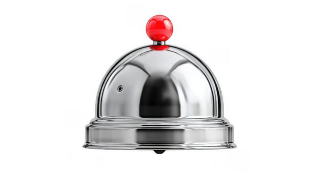Shiny chrome notification bell with red alert symbol is isolated on a transparent background, perfect for concepts related to new messages, alerts, and notifications