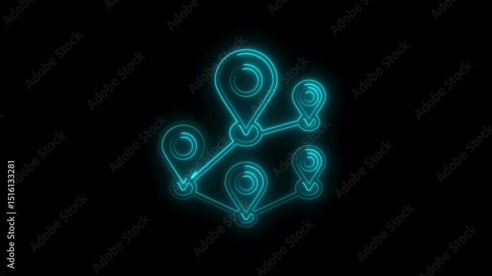 Poster illuminated neon map markers connected in a network on a dark background