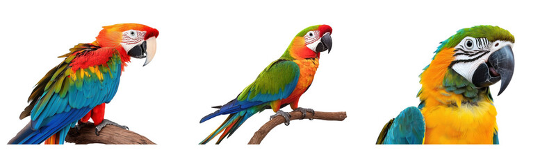 colorful macaws on branches isolated on white background