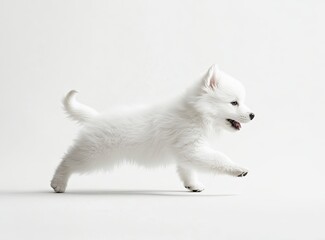 Adorable white puppy running, profile view.  Small, fluffy, and playful