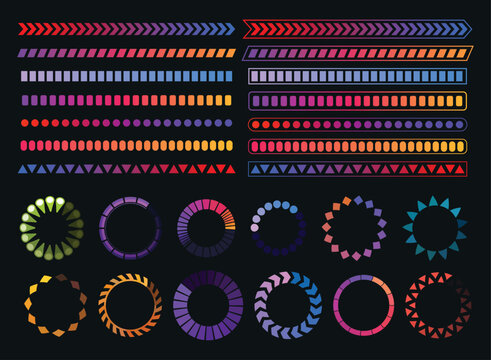 Loading process and status bar icons, HUD interface. Vector Sci Fi digital futuristic elements for dashboard, technology style neon glowing ui navigation for game menu design or web site data load