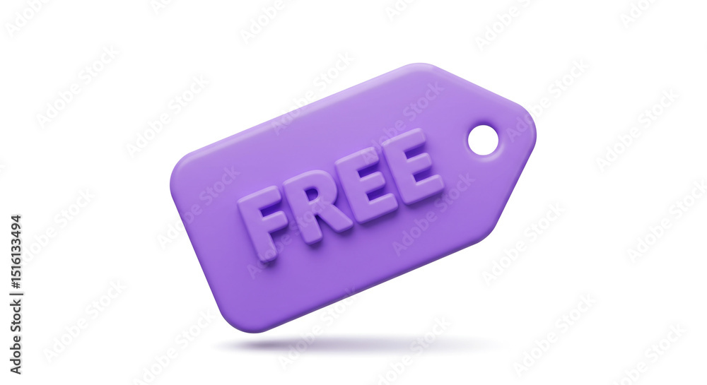 Poster a purple tag with the word free on it in d and floating on a white background in a digital rendering