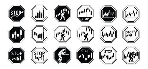 Concept of financial loss and economic downturn portrayed through stop signs with stock market chart patterns