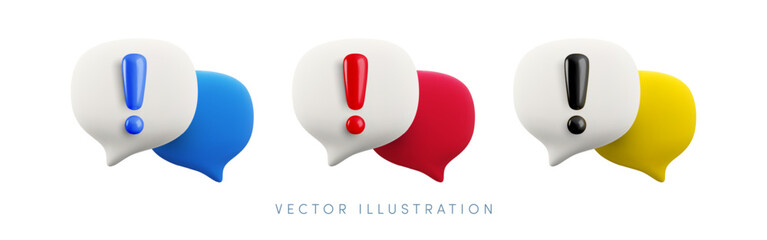 Plakat Vector cartoon 3d attention talk icon set. Cute realistic render of speech bubbles with red, blue and blue exclamation mark. Important dialogue, danger message warning sign, problem notice popup.