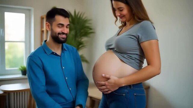 Happy father to be, kissing the belly of a pregnant woman 