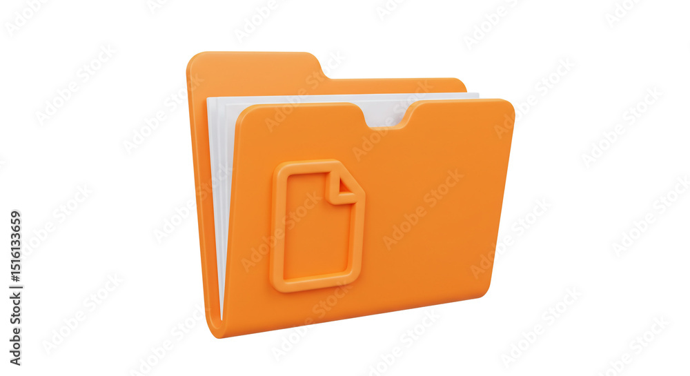Aufkleber an orange folder with a document icon on the front and white papers inside isolated on a white backg